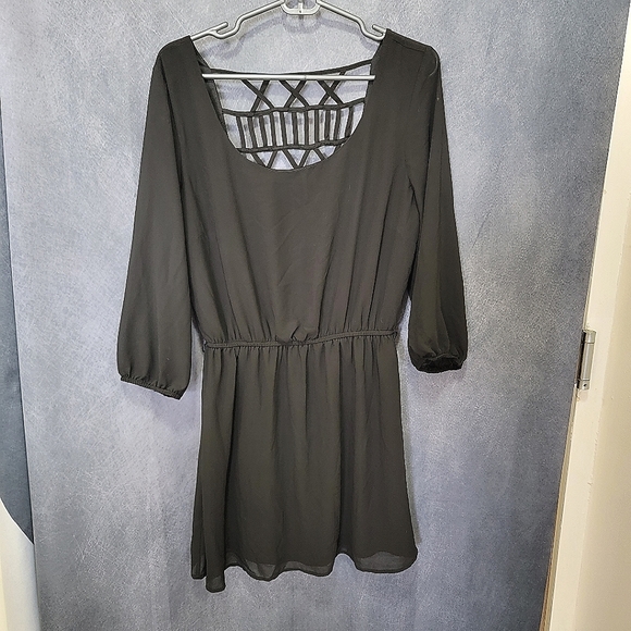 Black Sheer Linen LARGE Mini Dress Open Back Cutout Balloon Sleeves Flowy & Airy - Picture 5 of 16